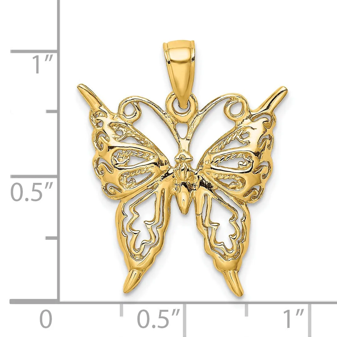 14k Yellow Gold Open Back Textured Solid Polished Finish Cut-Out Butterfly Charm
