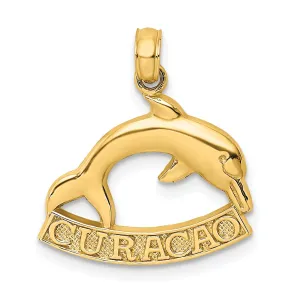 14K Yellow Gold Polished Finish Flat Back 2-Dimensional CURACAO With Dolphin Charm Pendant