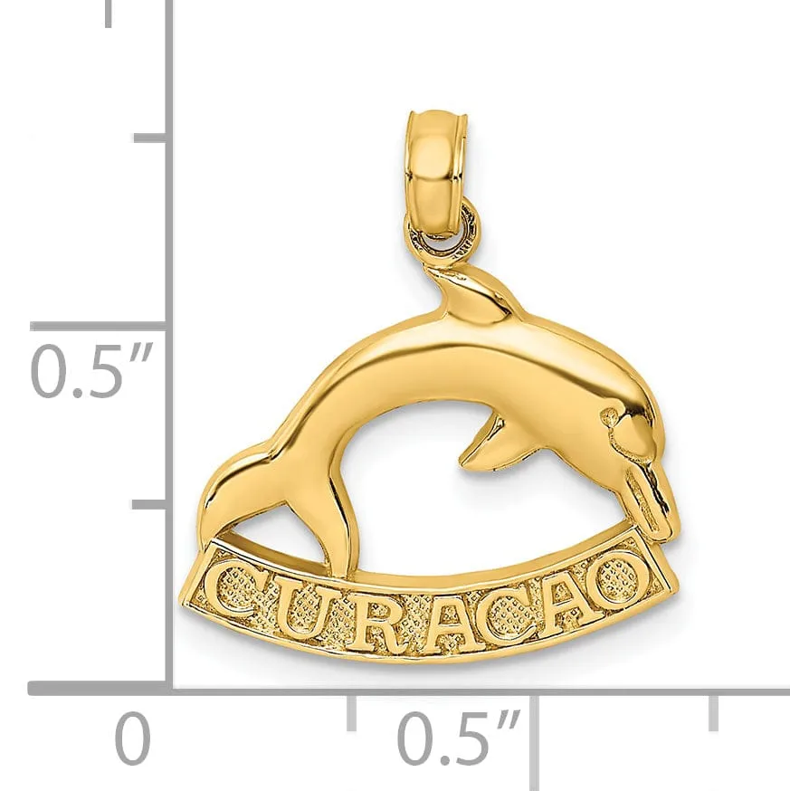 14K Yellow Gold Polished Finish Flat Back 2-Dimensional CURACAO With Dolphin Charm Pendant
