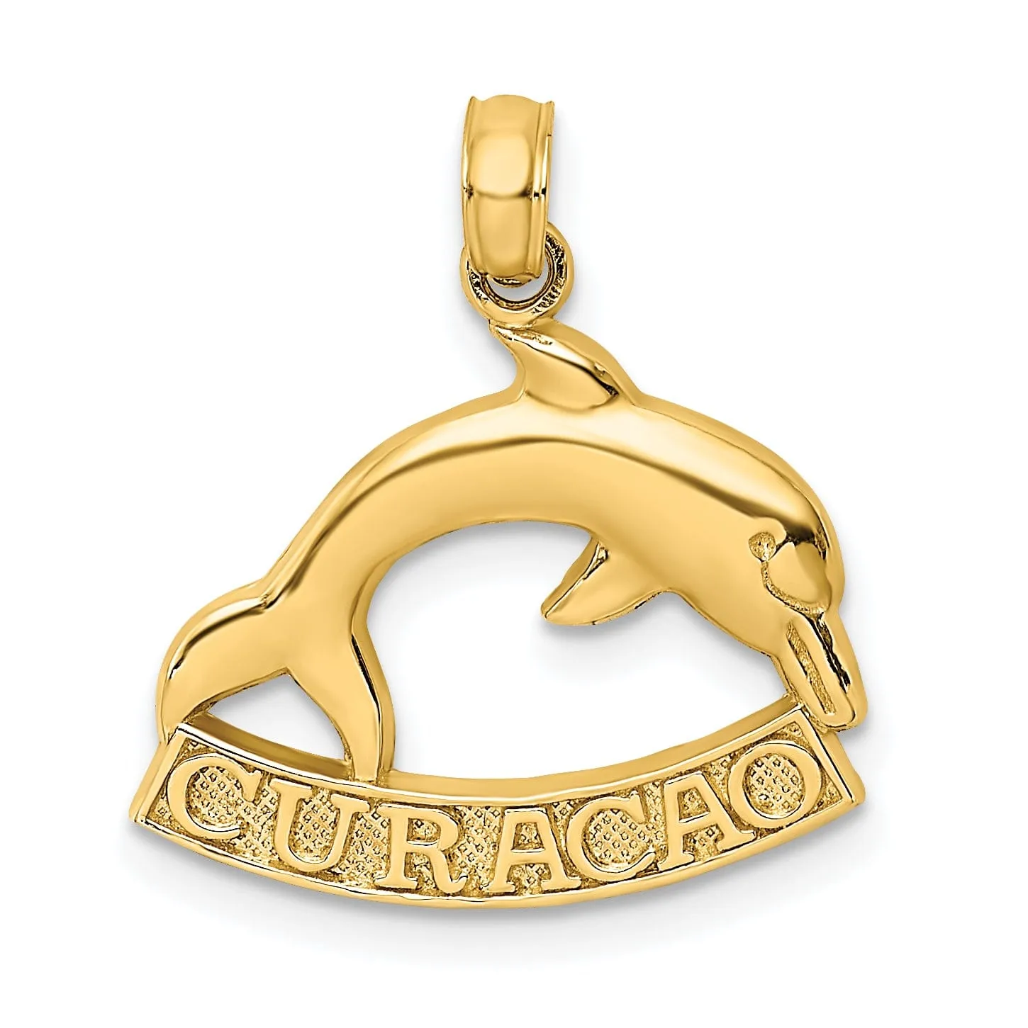 14K Yellow Gold Polished Finish Flat Back 2-Dimensional CURACAO With Dolphin Charm Pendant