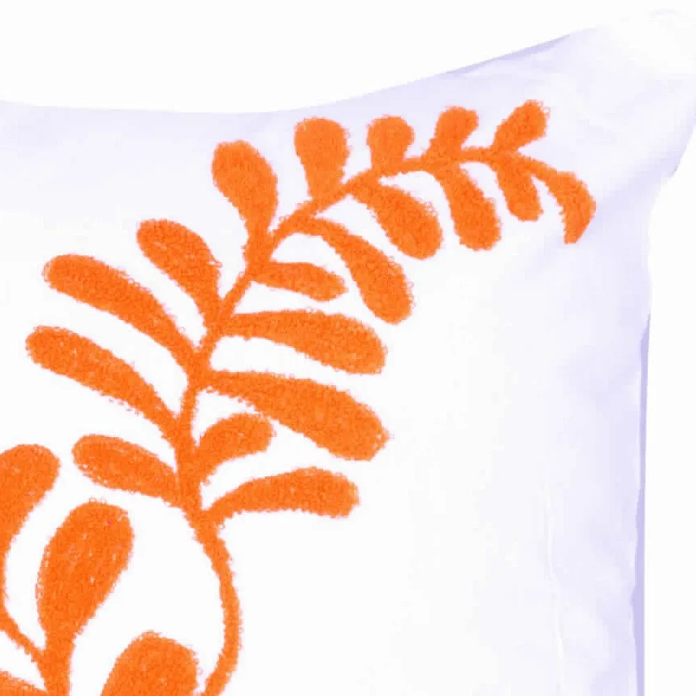 18 X 18 Inch Cotton Pillow with Sprig Pattern Embroidery, Orange By Casagear Home