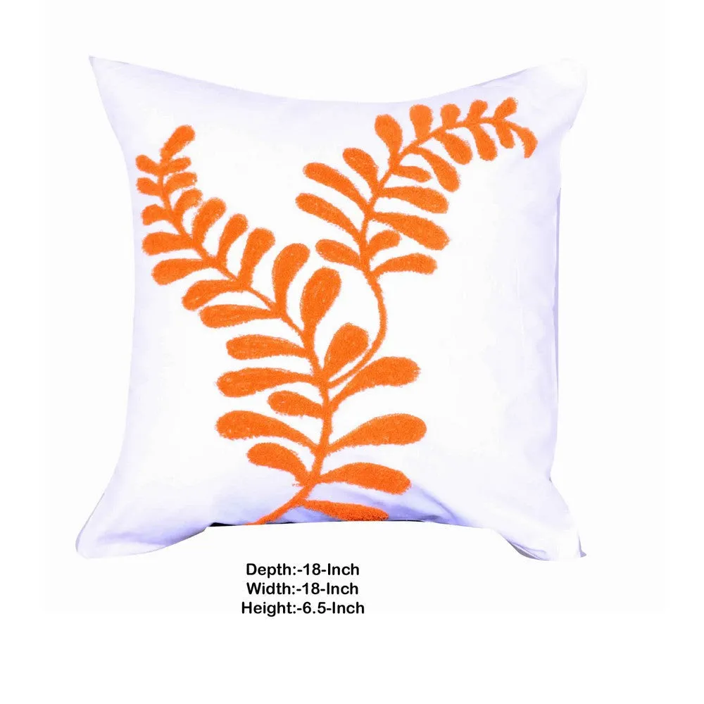 18 X 18 Inch Cotton Pillow with Sprig Pattern Embroidery, Orange By Casagear Home