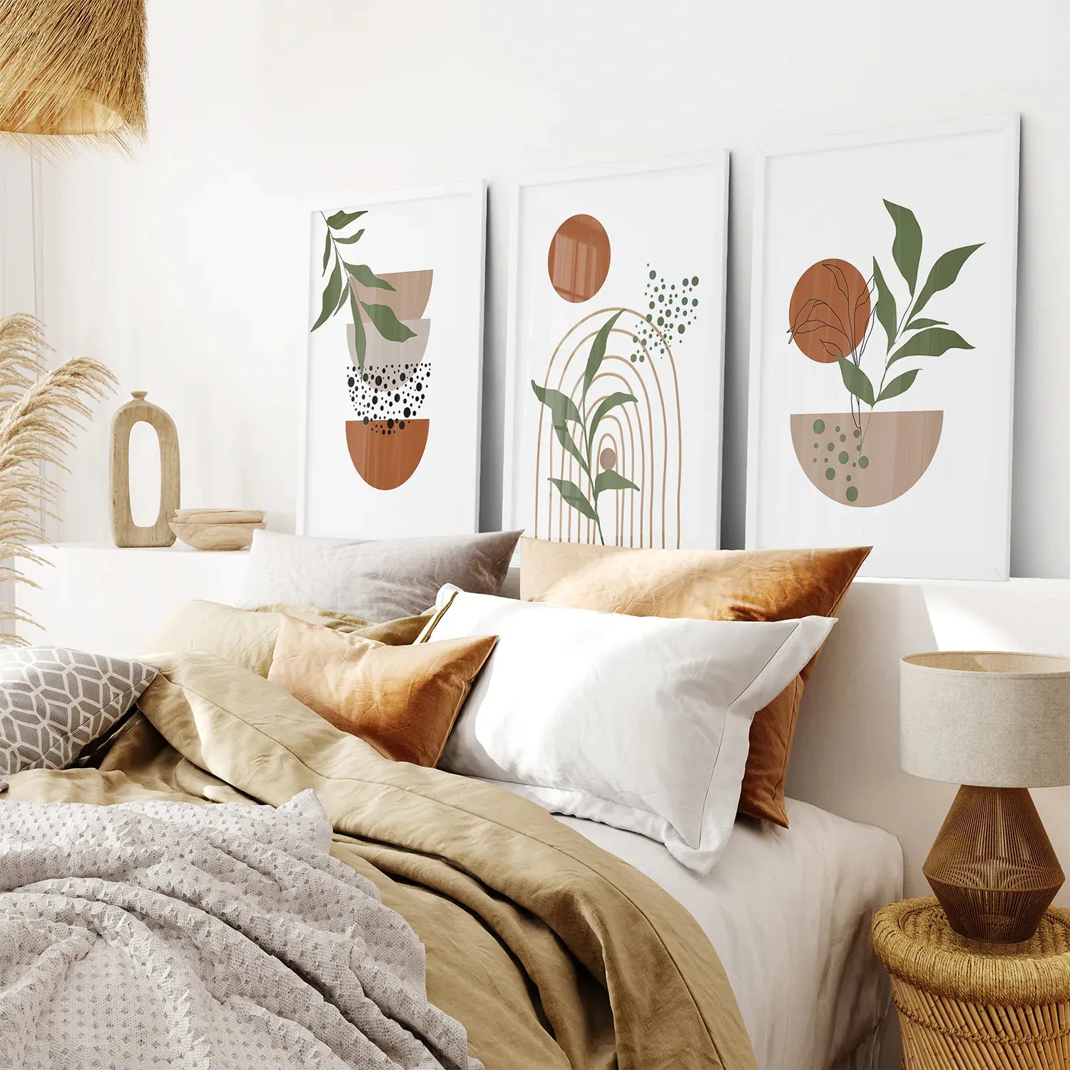 Abstract Green Leaves Wall Art Set of 3 Pieces. Earth Tones