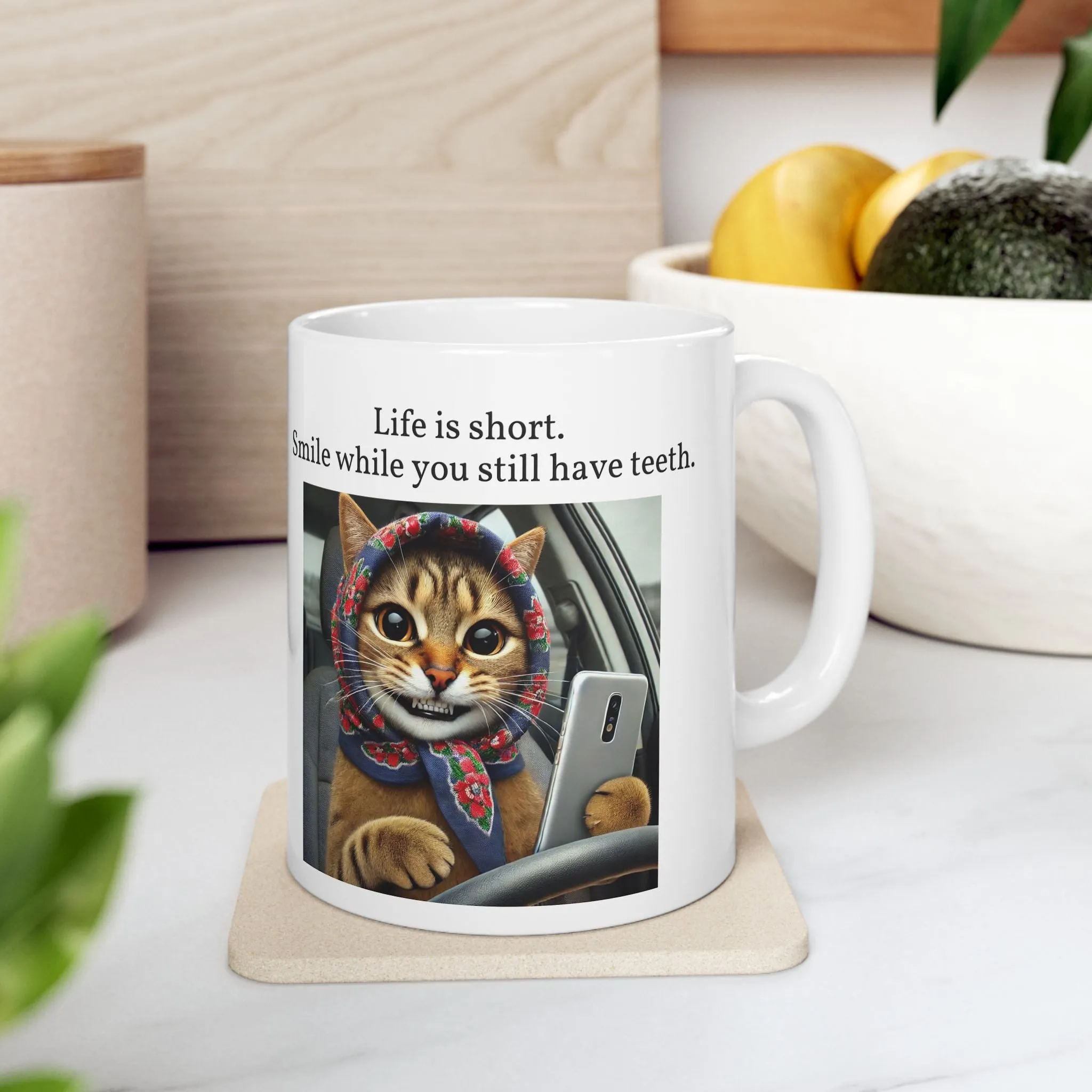 Babushka Cat Selfie, Smile, LIfe is Short, Ceramic Mug