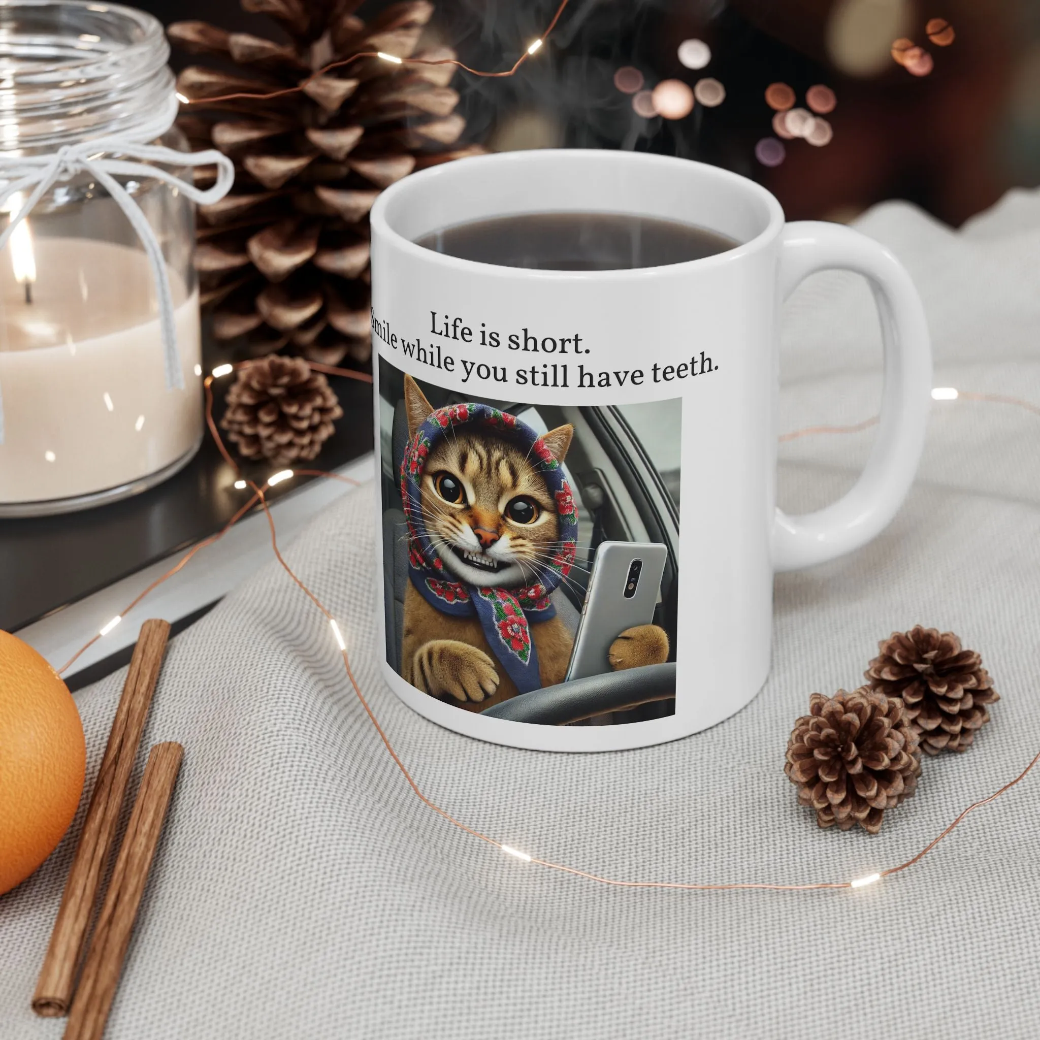Babushka Cat Selfie, Smile, LIfe is Short, Ceramic Mug