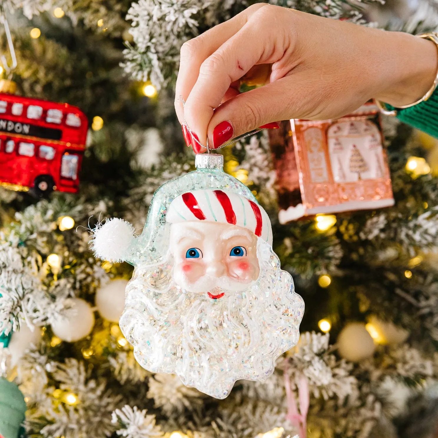 CANDY STRIPE SANTA HEAD GLASS ORNAMENT