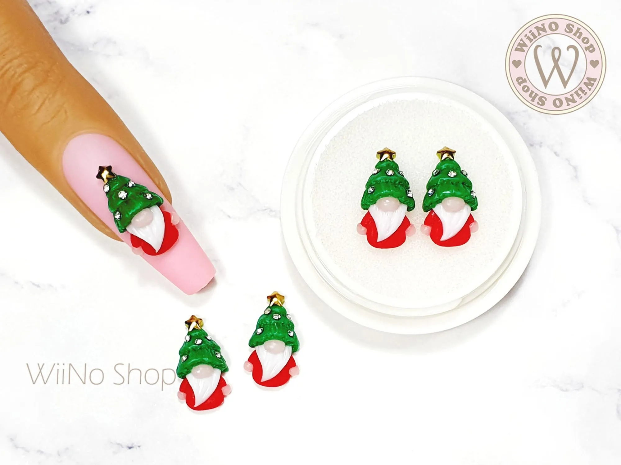 Christmas Tree Hat Gnome 3D Handmade Nail Art Charm - 2 pcs