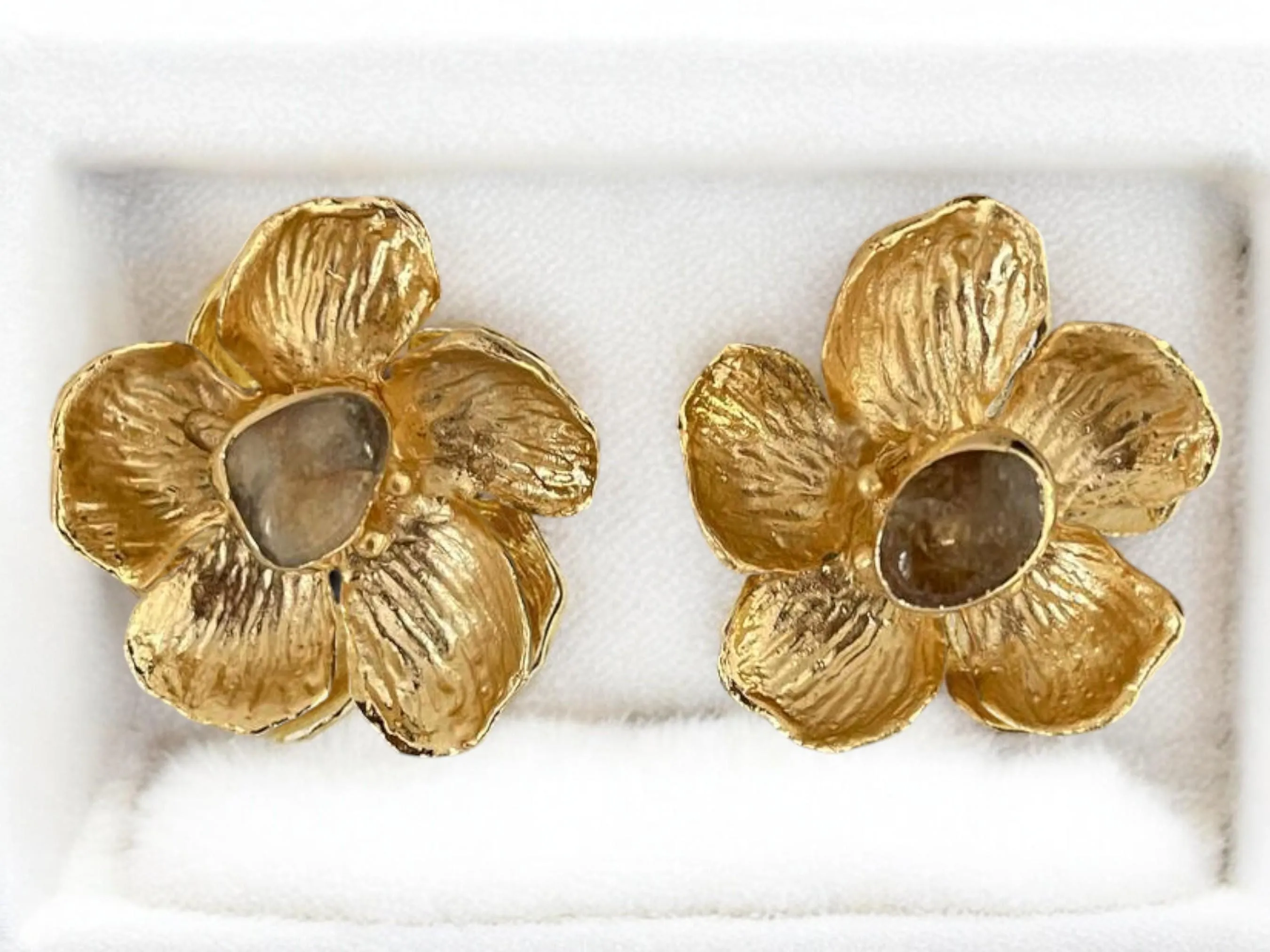 Chunky Handmade 18K Gold Plated Agate Floral Stud Earrings