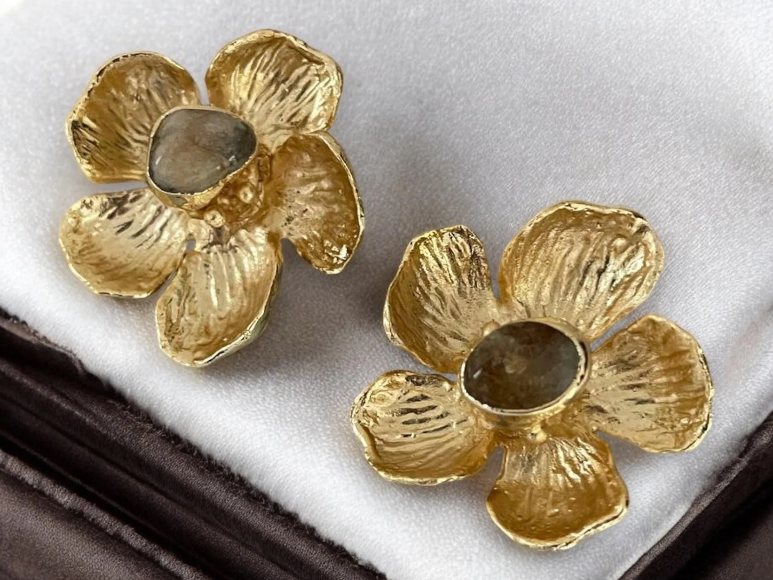 Chunky Handmade 18K Gold Plated Agate Floral Stud Earrings