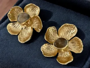 Chunky Handmade 18K Gold Plated Agate Floral Stud Earrings
