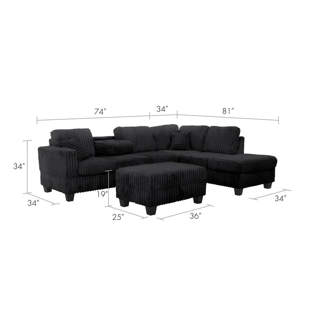 Ega 81 Inch Sectional Sofa with Reversible Chaise, Ottoman, Black Corduroy By Casagear Home