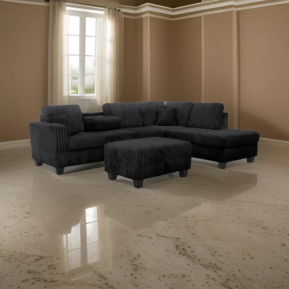 Ega 81 Inch Sectional Sofa with Reversible Chaise, Ottoman, Black Corduroy By Casagear Home