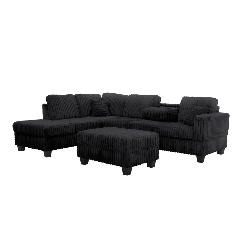 Ega 81 Inch Sectional Sofa with Reversible Chaise, Ottoman, Black Corduroy By Casagear Home