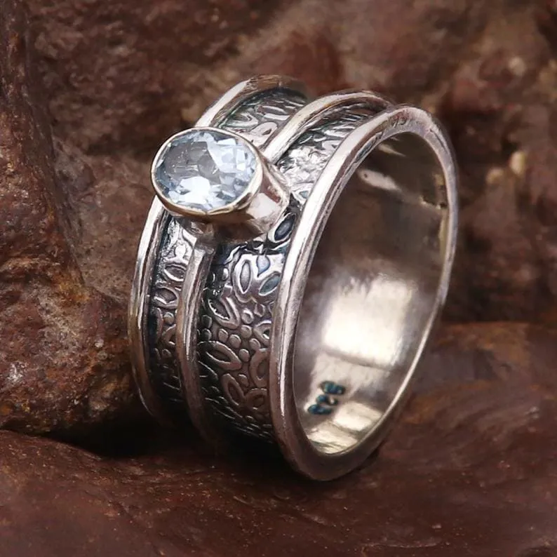 Faceted Natural Gemstone Spinner Meditation Ring Solid 925 Sterling Silver Ring Handmade Vintage Jewelry All Size Ring