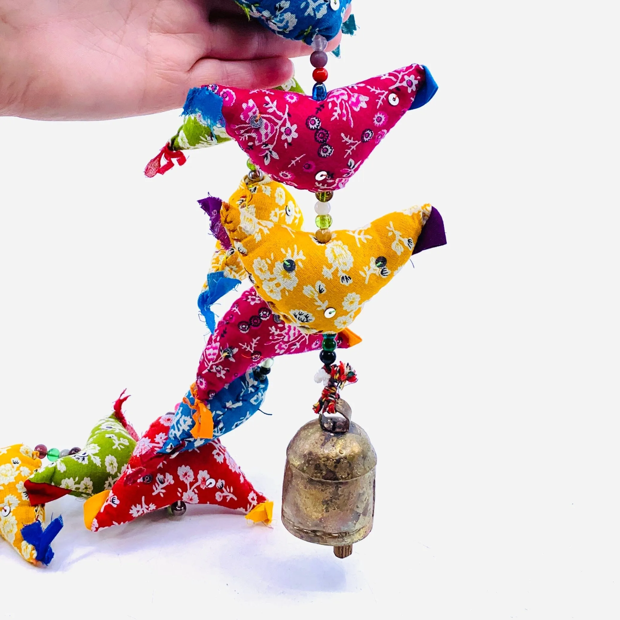 Festive Fabric Birds Glass Bead Garland with Bell 16