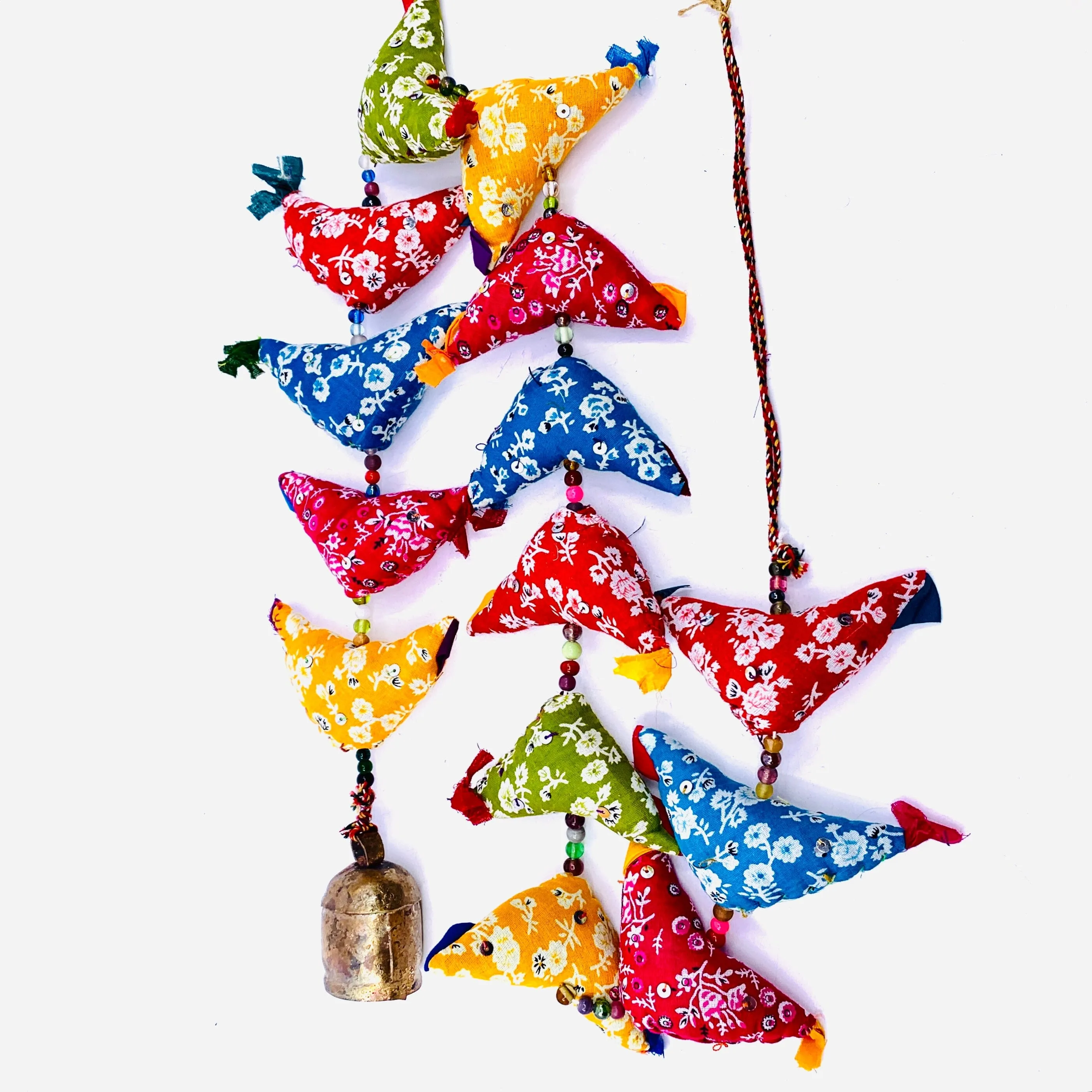 Festive Fabric Birds Glass Bead Garland with Bell 16