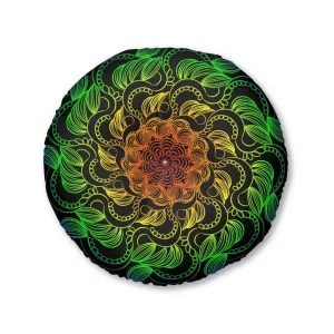 Handmade Mandala Art Floor Cushion - Rainbow on Black - Tufted Round