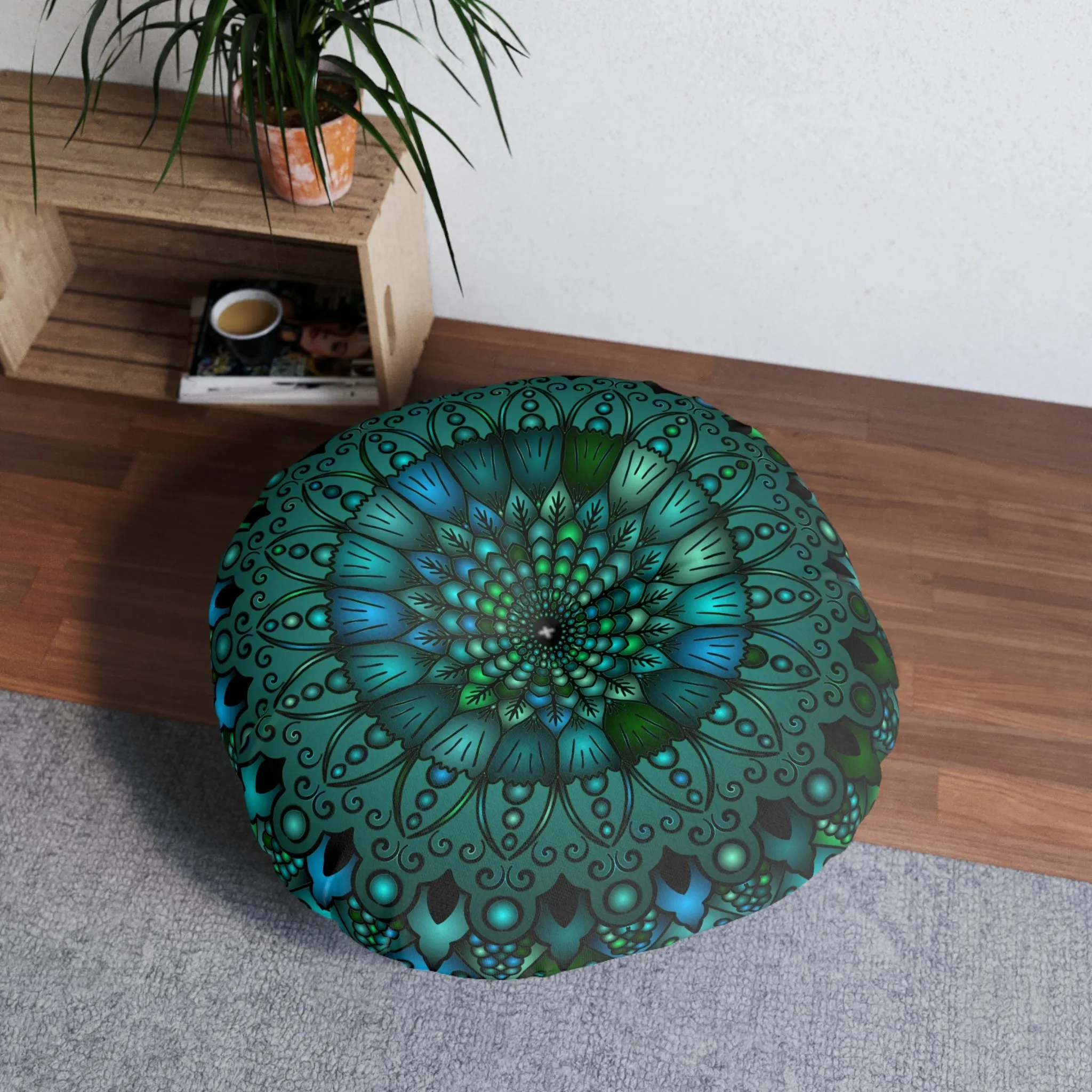 Handmade Mandala Design Floor Cushion - Round, Petroleum Green