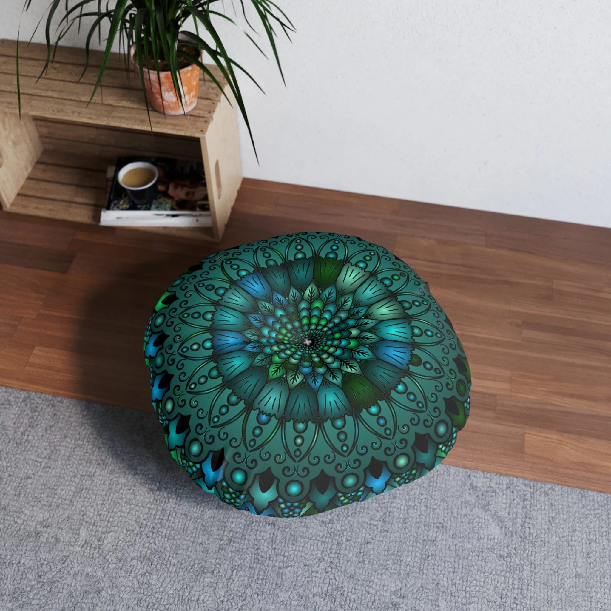 Handmade Mandala Design Floor Cushion - Round, Petroleum Green