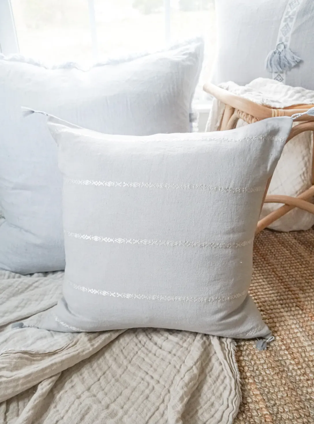 Light Grey & White Embr Stripes Linen Pillow