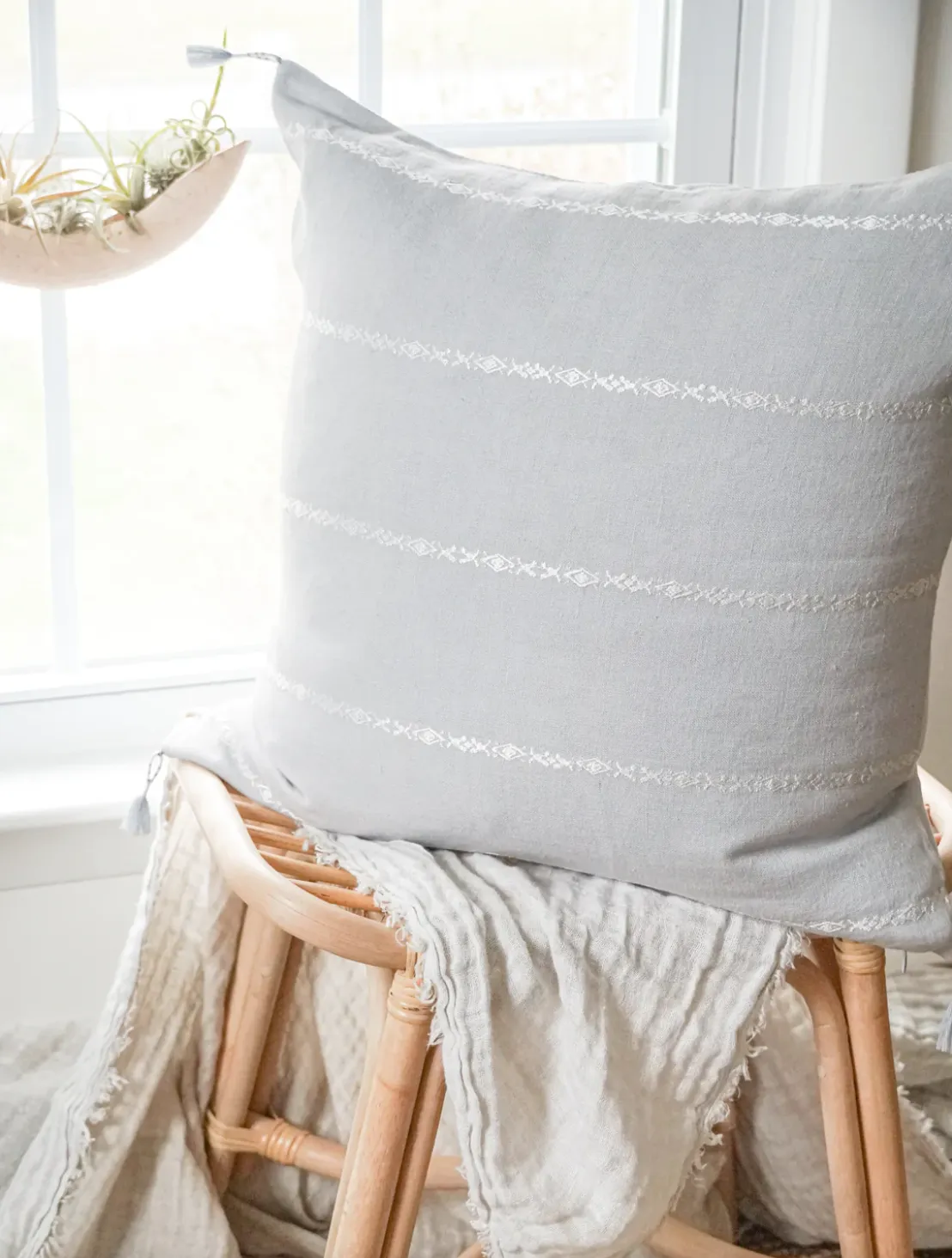 Light Grey & White Embr Stripes Linen Pillow