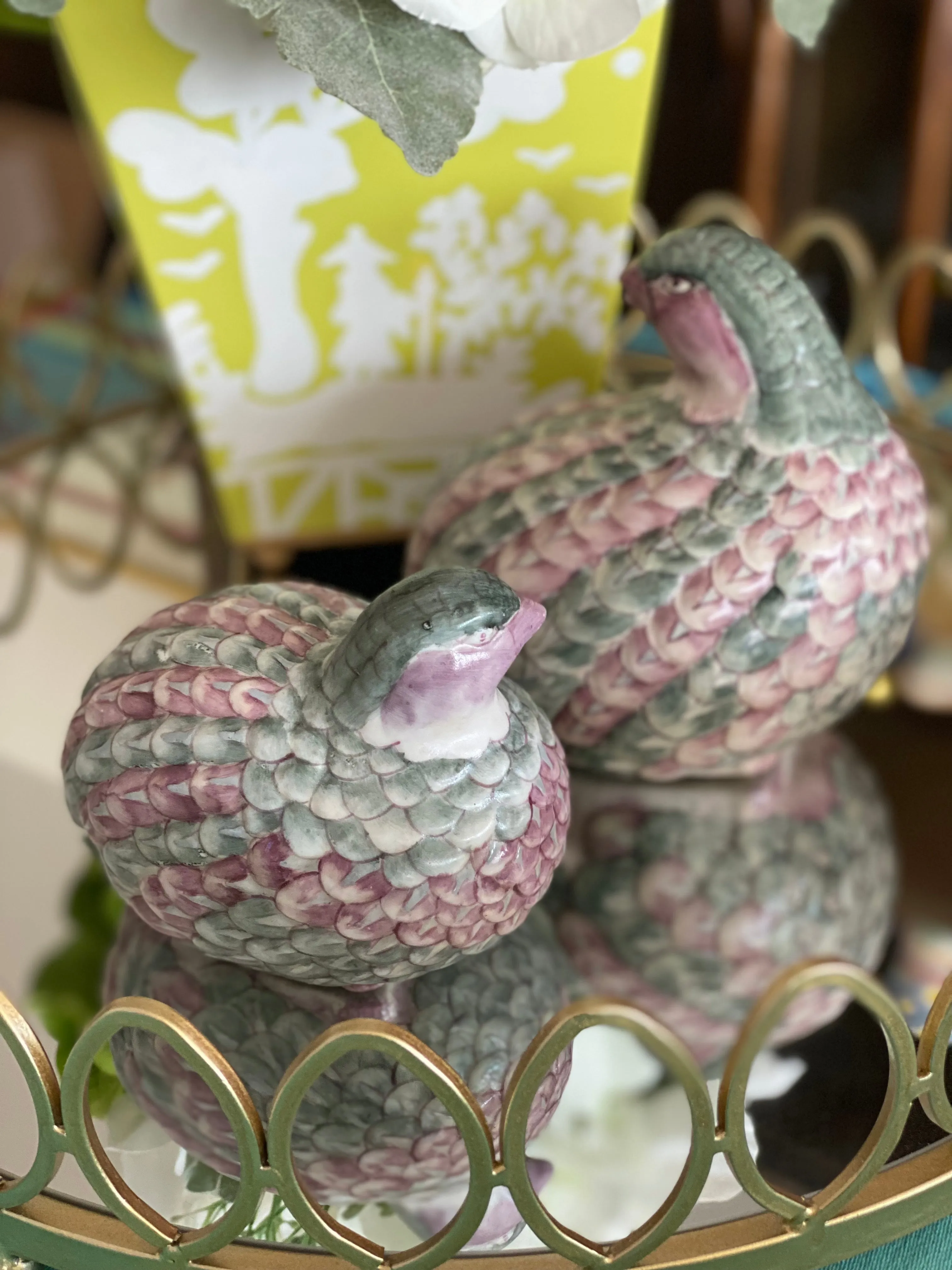 Pair of Vintage purple and green Toyo quail figurines