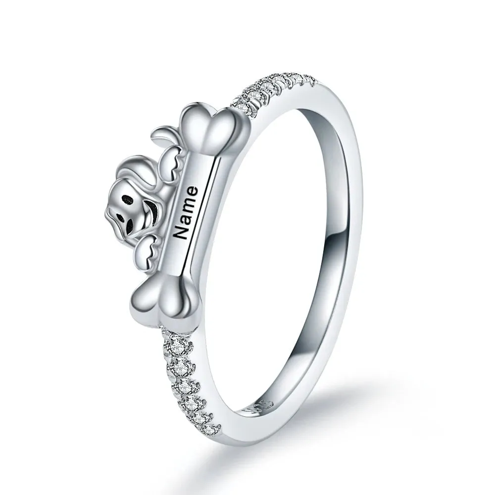 Personalized 925 Sterling Silver Custom Name Dog Bone Ring Gorgeous Zircon Engraved with Initial Date Coordinate Name Jewelry