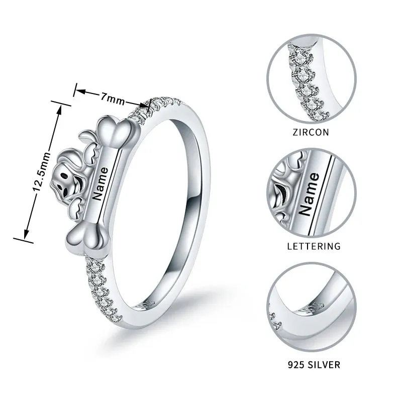 Personalized 925 Sterling Silver Custom Name Dog Bone Ring Gorgeous Zircon Engraved with Initial Date Coordinate Name Jewelry
