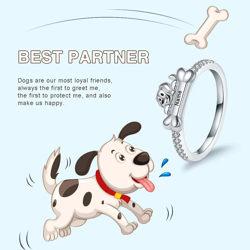 Personalized 925 Sterling Silver Custom Name Dog Bone Ring Gorgeous Zircon Engraved with Initial Date Coordinate Name Jewelry