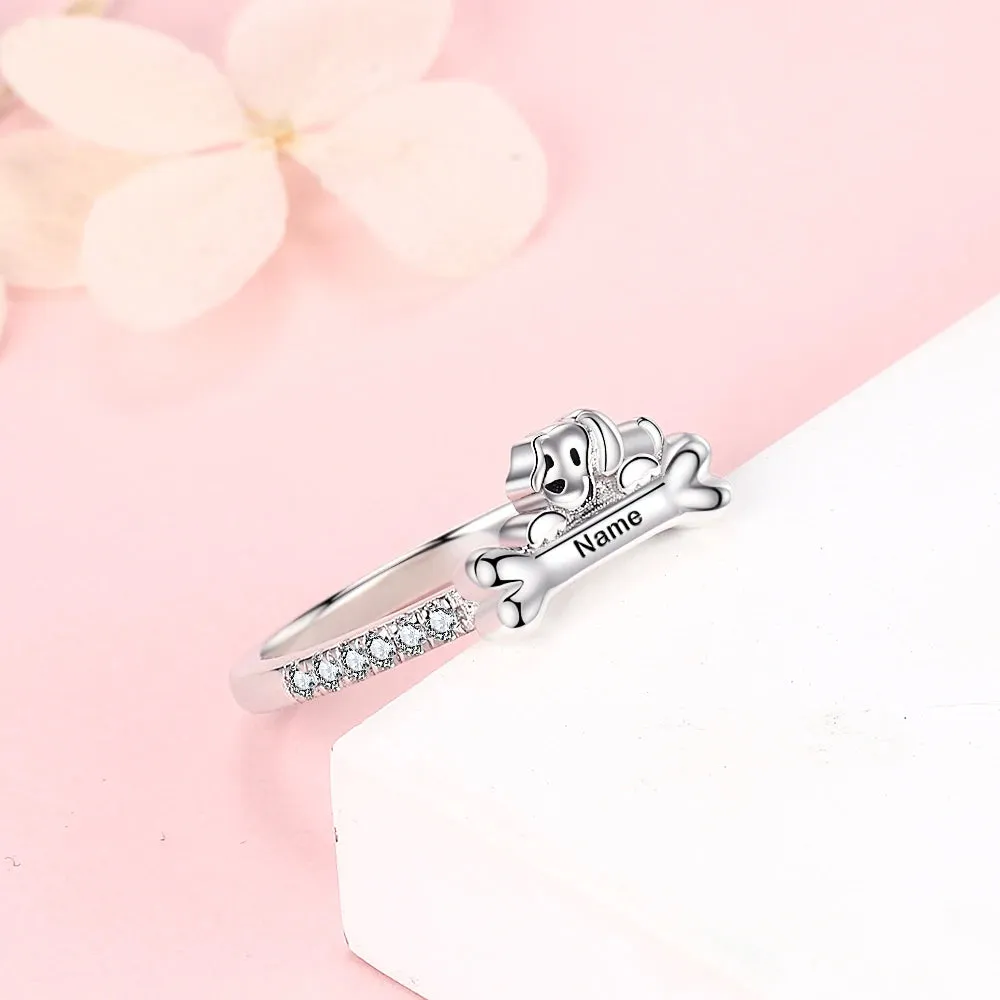 Personalized 925 Sterling Silver Custom Name Dog Bone Ring Gorgeous Zircon Engraved with Initial Date Coordinate Name Jewelry