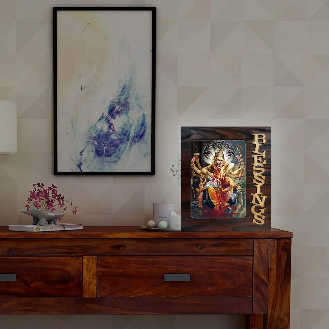 PnF Blessings Hand Crafted Wooden Table with Photo of Narsinghji (Narasimha) 15618,Multicolour, Medium