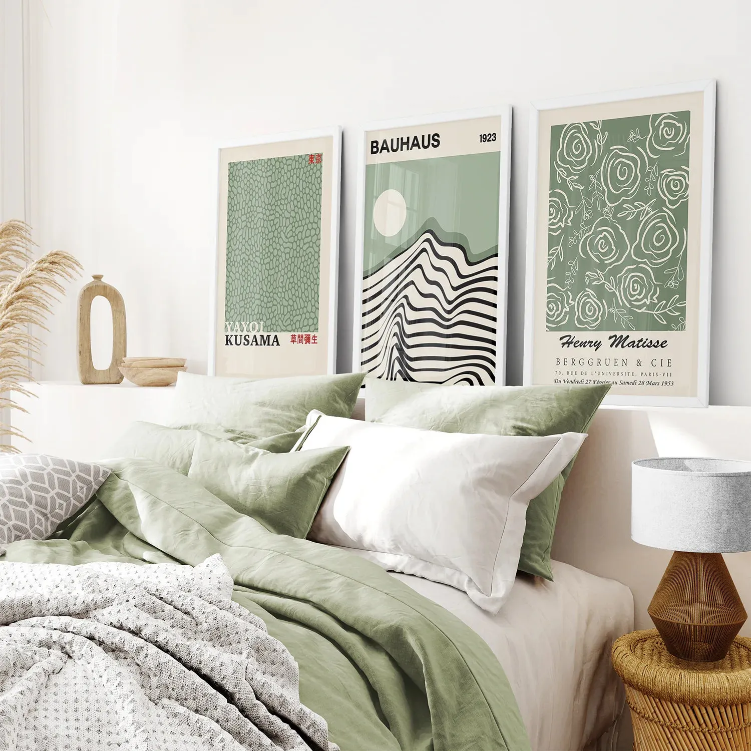 Sage Green Exhibition Art Set of 3 Prints. Bauhaus, Kusama, Matisse