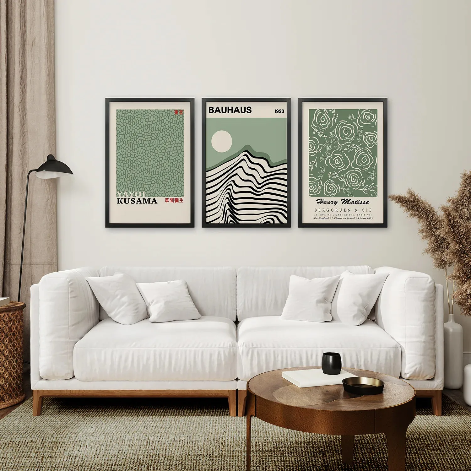 Sage Green Exhibition Art Set of 3 Prints. Bauhaus, Kusama, Matisse