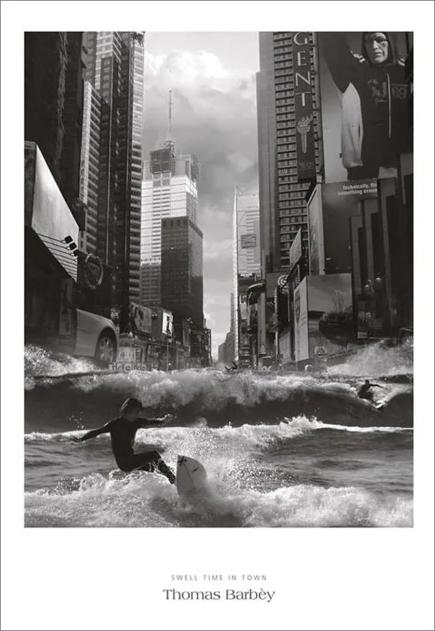 Surfing Fantasy "Swell Time in Town" (Surfing Times Square Down Broadway) Premium 24x36 Poster Print by Thomas Barbey