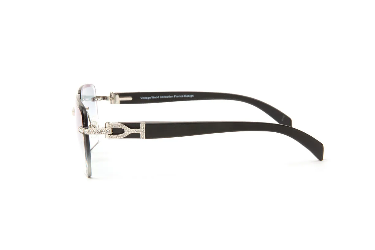 SWAROVSKI Crystal, Silver & Black Wood Rimless Sunglasses, Gradient Grey Lenses