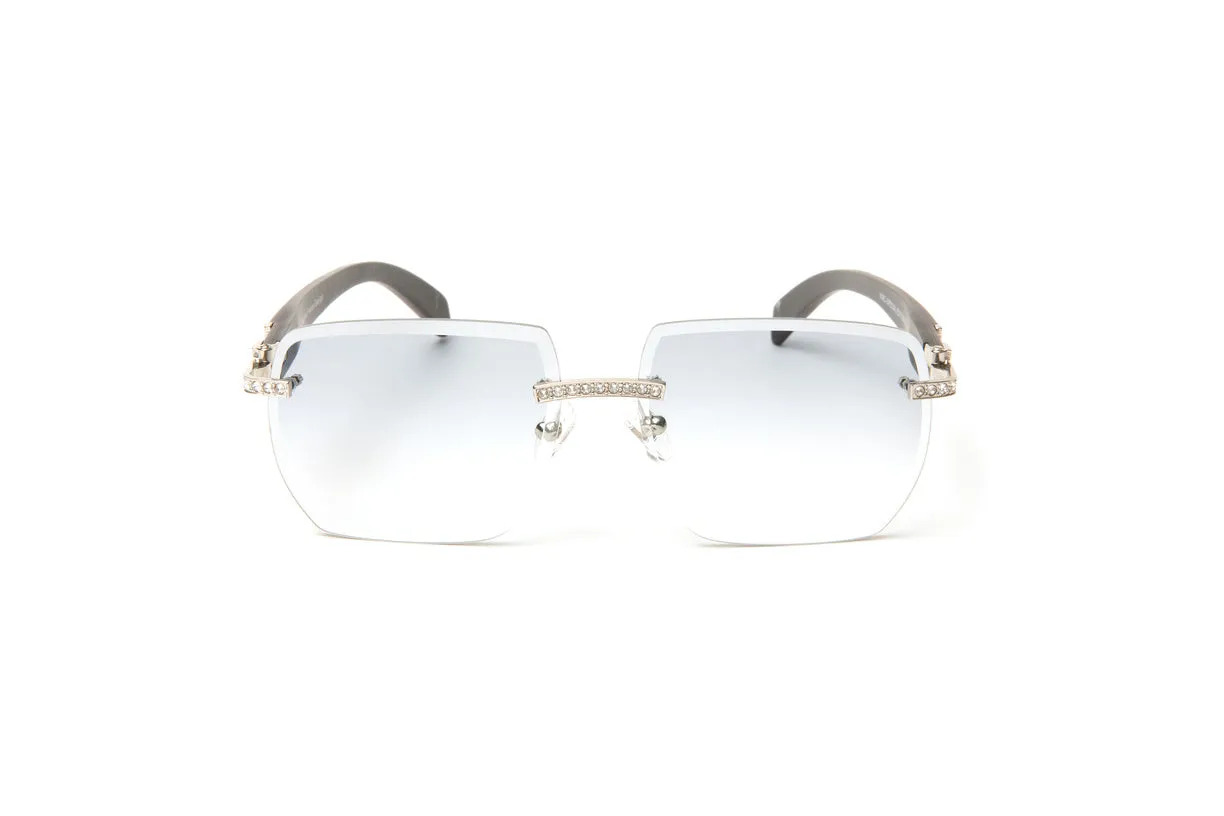 SWAROVSKI Crystal, Silver & Black Wood Rimless Sunglasses, Gradient Grey Lenses