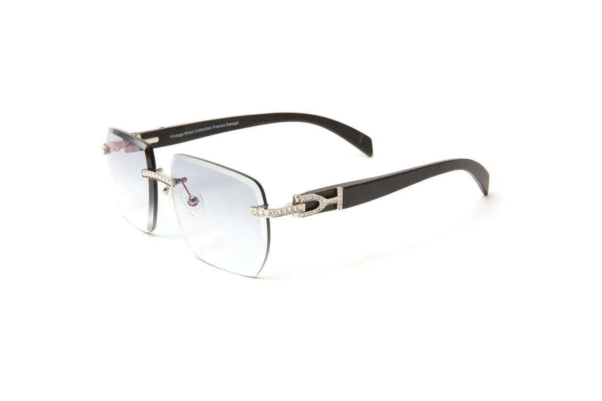 SWAROVSKI Crystal, Silver & Black Wood Rimless Sunglasses, Gradient Grey Lenses