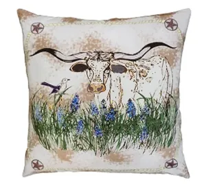 Texas Longhorn in the Blue Bells Cotton Embroidered Pillow (20”x20”)