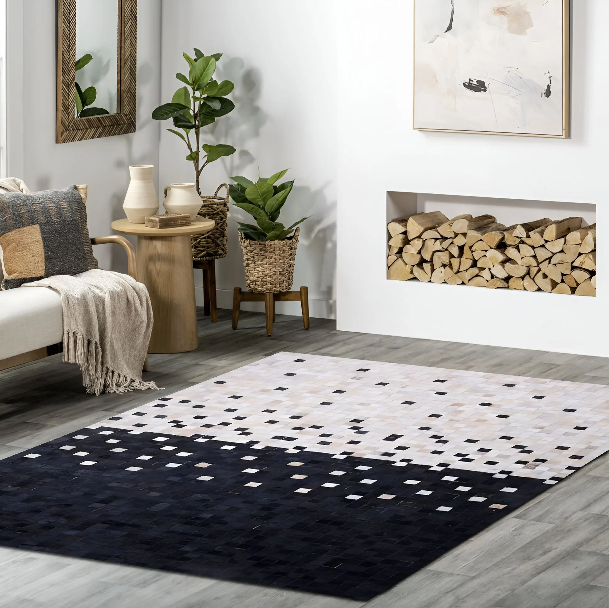 Unique White Black Cowhide Patchwork Rug, Handmade Cow Skin Area Carpet