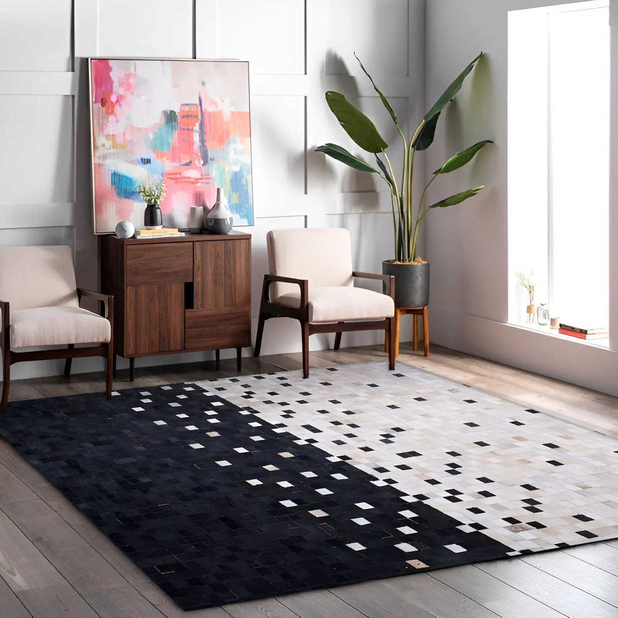 Unique White Black Cowhide Patchwork Rug, Handmade Cow Skin Area Carpet