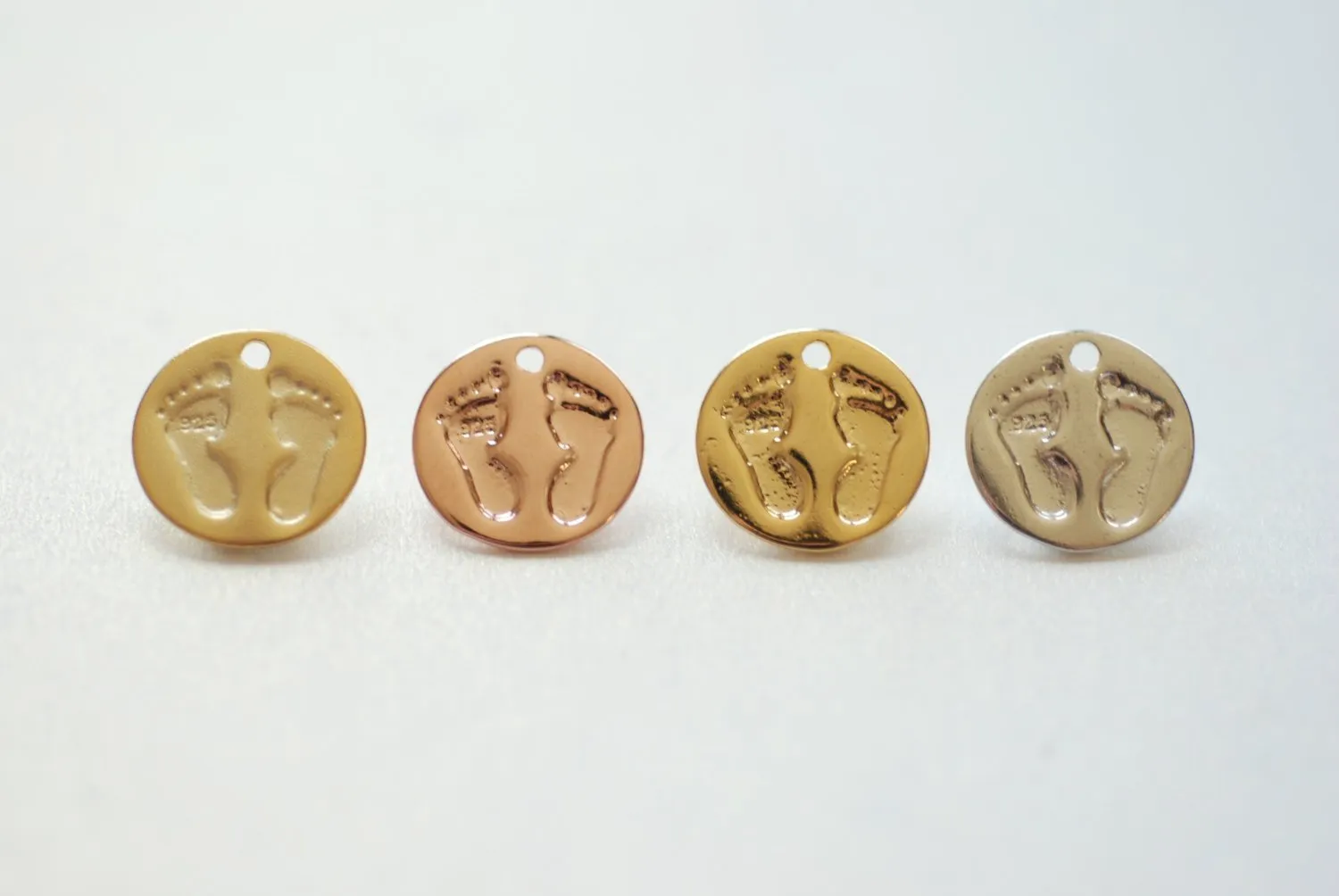 Vermeil Rose Gold Baby Foot Print Disc Charm - 18k Gold Plated Over Sterling Silver, feet onto round disk, Gold Baby Feet imprint
