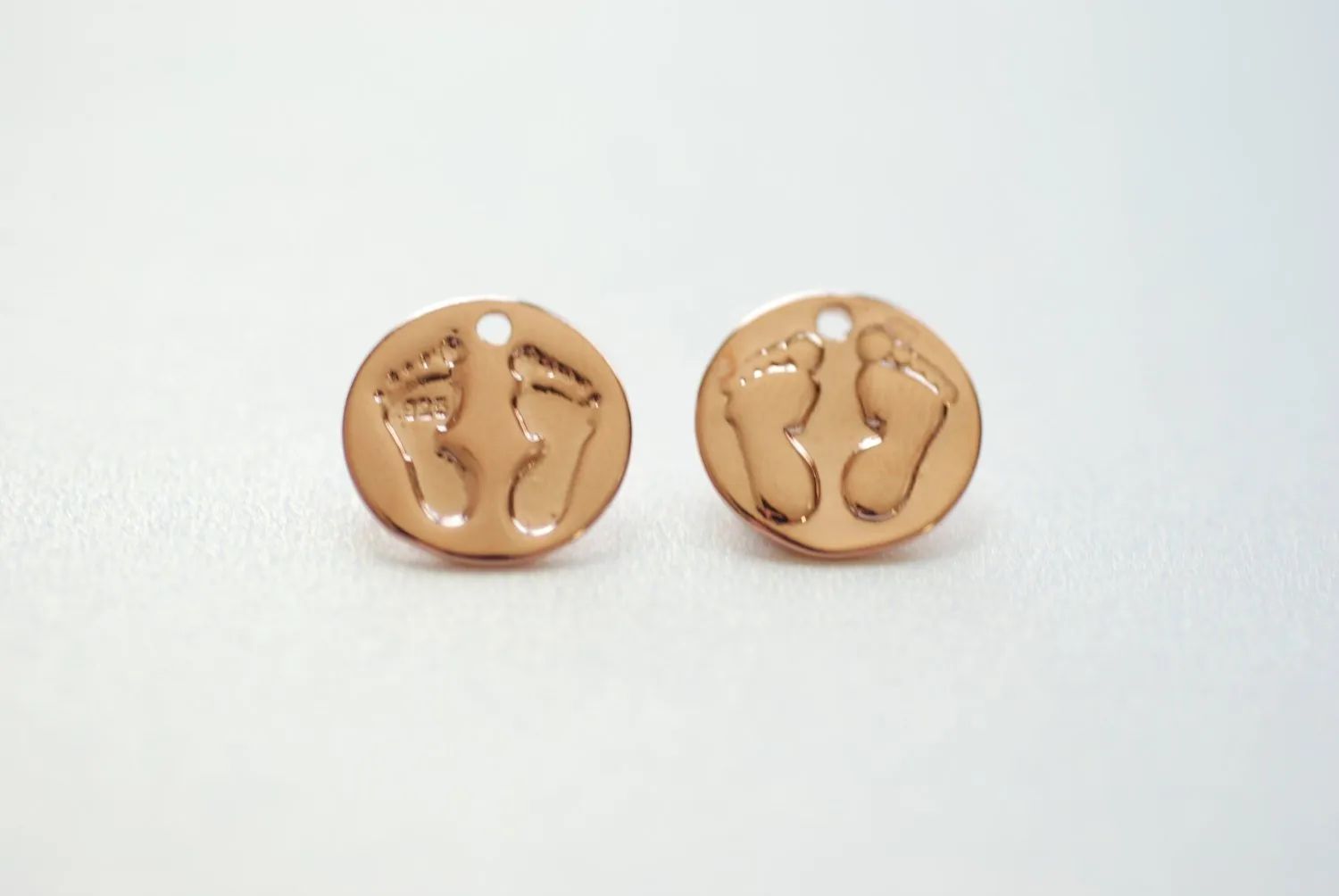 Vermeil Rose Gold Baby Foot Print Disc Charm - 18k Gold Plated Over Sterling Silver, feet onto round disk, Gold Baby Feet imprint