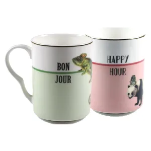 Yvonne Ellen Bonjour/Happy Hour Set of 2 Mugs