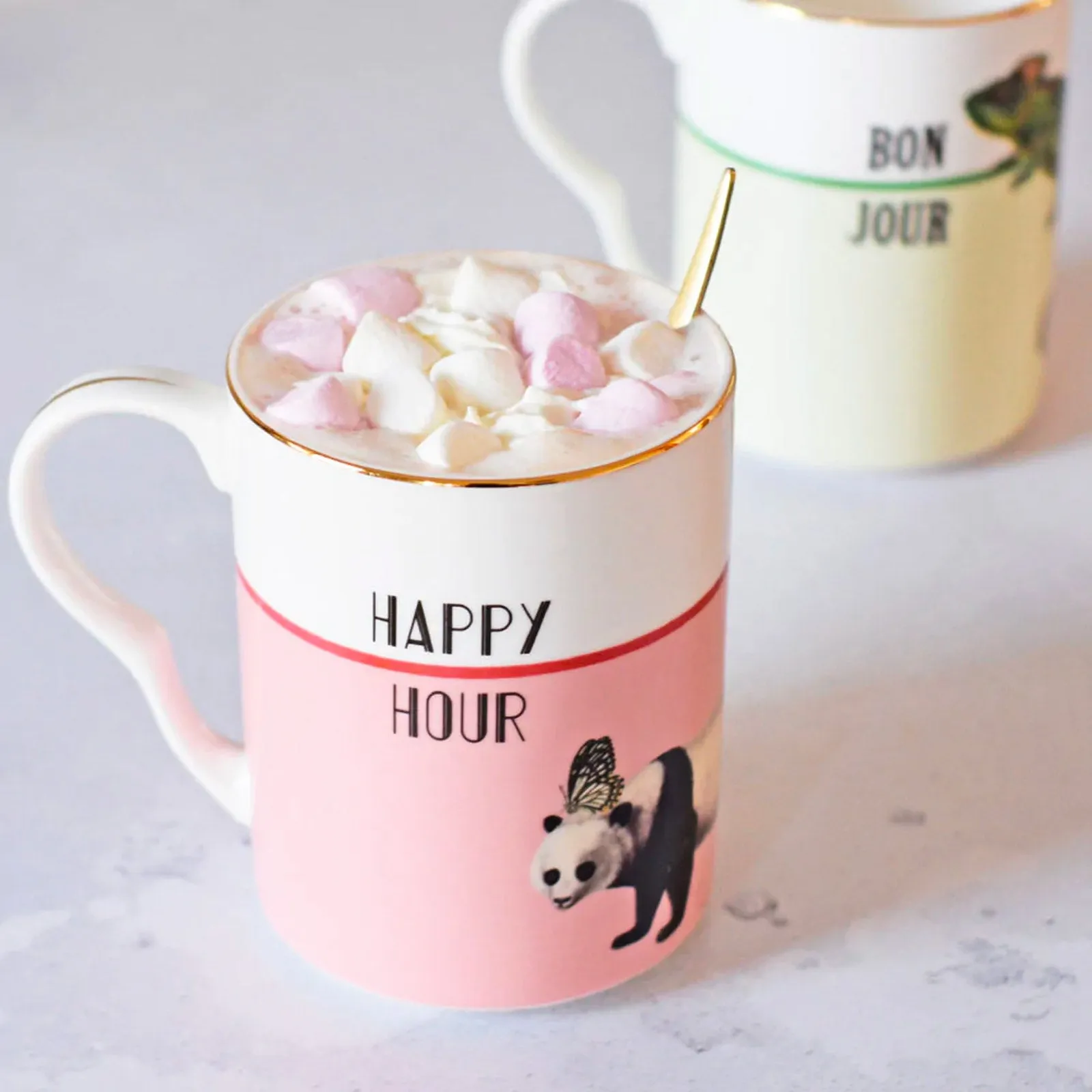 Yvonne Ellen Bonjour/Happy Hour Set of 2 Mugs
