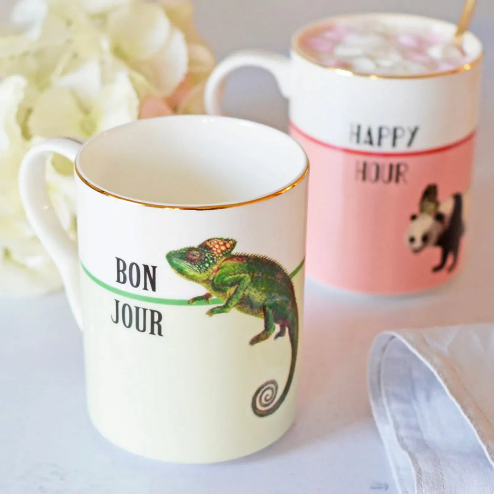 Yvonne Ellen Bonjour/Happy Hour Set of 2 Mugs